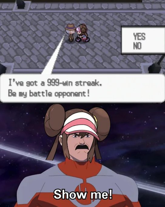 The image shows a cartoon character wearing a red and white outfit with a mustache and glasses standing against a backdrop of stars and planets. The character has a speech bubble above them that says "I've got a 999-win streak. Be my battle opponent!". Below this, there is text that reads "Show me!" in a playful tone.
