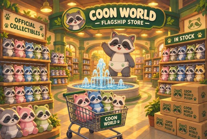 An illustration of the 'COON WORLD FLAGSHIP STORE' filled with raccoon plushies on shelves and in a shopping cart, with boxes labeled 'COON WORLD PLUSH'.