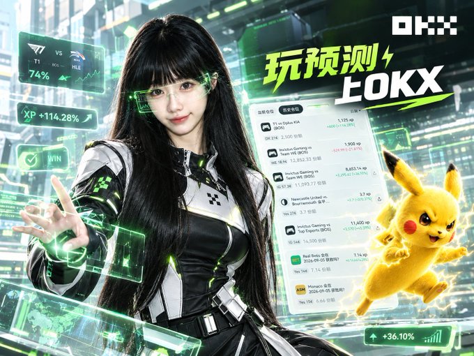 An advertisement for OKX featuring a futuristic woman in a black and white tech suit with Pikachu beside her, promoting sports predictions.