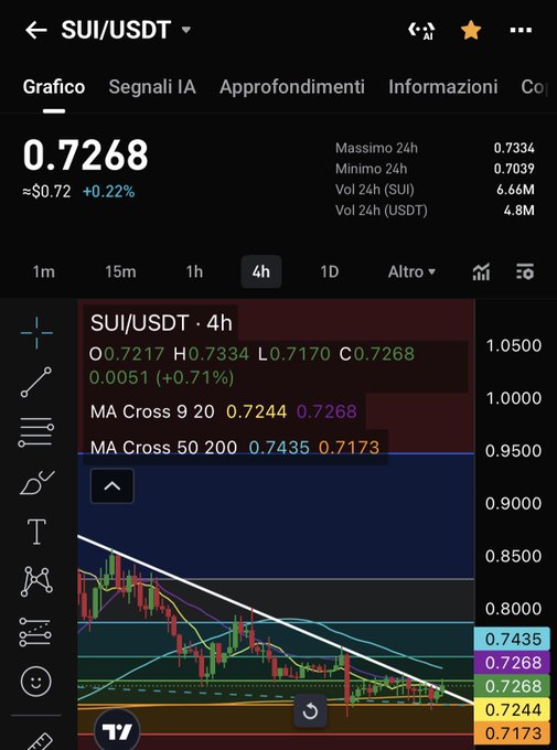 A 4-hour candlestick chart of SUI/USDT on Binance shows the price at 0.7268 (+0.22%), with the recent close at 0.7268 breaking above a descending trendline—supporting the post's claim of a bullish breakout. Key moving averages (MA Cross 9/20: 0.7244/0.7268 and MA Cross 50/200: 0.7435/0.7173) and a 24-hour range of 0.7039–0.7334 are also displayed, aligning with the post's anticipation of a potential rally toward $1.