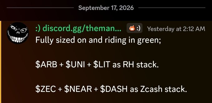 The image shows a Discord message from a user with a grinning troll avatar, advertising their crypto picks posted on September 17, 2026. The message lists two stacks of altcoins: "$ARB + $UNI + $LIT as RH stack" and "$ZEC + $NEAR + $DASH as Zcash stack," claiming to be "Fully sized on and riding in green." This relates to the accompanying post by promoting their Discord server as a source for high-performing altcoins and quick gains.