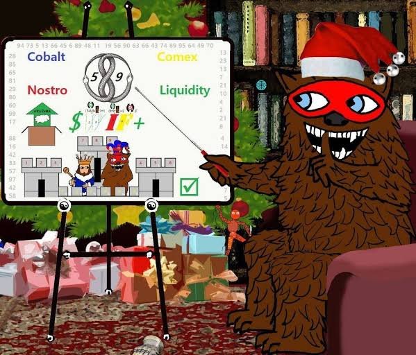 A furry creature wearing a Santa hat and red superhero mask stands beside an easel, pointing at a whiteboard displaying "Cobalt," "Comex 589," "Nostro," and "Liquidity" alongside cartoon drawings of a king, jester, and coin, surrounded by Christmas decorations and wrapped gifts. The whiteboard directly visualizes the post's theme, breaking down financial terminology with whimsical illustrations in a festive holiday setting.