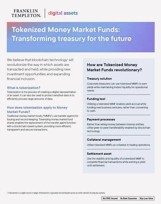 A Franklin Templeton digital assets infographic titled 'Tokenized Money Market Funds: Transforming treasury for the future', explaining tokenization and its benefits for treasury, funding, payments, collateral, and settlements.