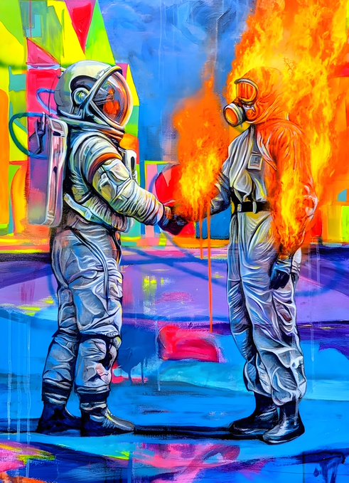 A vibrant painting depicts an astronaut shaking hands with a figure engulfed in flames wearing a hazmat suit and gas mask, set against a colorful abstract background. The surreal encounter between space exploration and fiery intensity evokes themes of transformation, resilience, and the merging of opposing elemental forces, fitting for promoting Transient Labs' transformative NFT art.