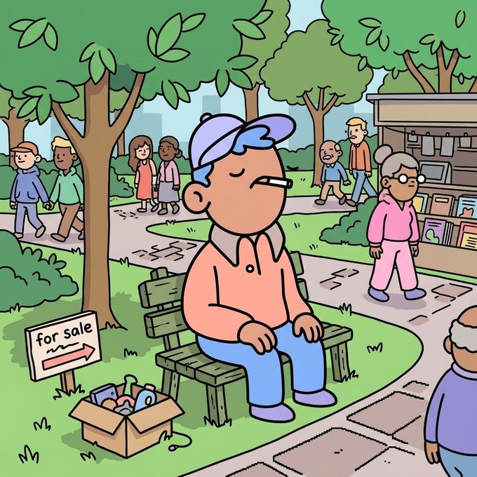 A cartoon illustration shows an elderly man wearing a cap and glasses sleeping peacefully on a park bench, surrounded by other people, with a "for sale" sign and a box of belongings nearby.