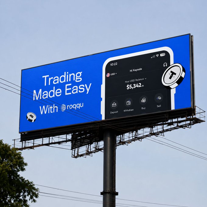 A billboard advertises "Trading Made Easy With roqqu," featuring a mockup of the app's interface showing a USD balance of $5,342.34 and options to Deposit, Withdraw, Buy, and Sell—directly tying into the post's question about trading activity by promoting the platform as an easy way to trade coins.