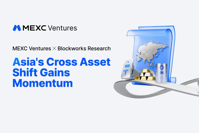 A promotional banner for MEXC Ventures and Blockworks Research titled 'Asia's Cross Asset Shift Gains Momentum,' featuring 3D illustrations of financial assets like oil and gold alongside an Asian map.