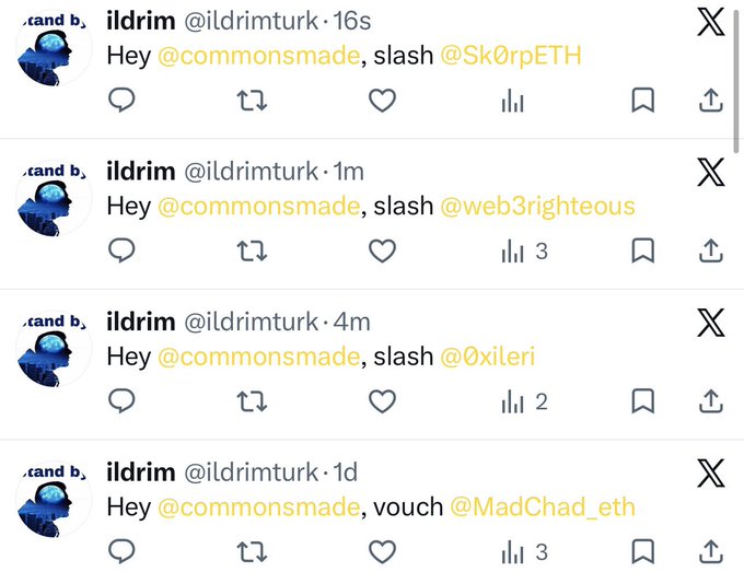 The image shows a series of tweets from user @ildrimturk repeatedly tagging @commonsmade with different accounts (@Sk0rpETH, @web3righteous, @0xileri, @MadChad_eth) using the word "slash," illustrating the post's description of someone engaging in an "alt slash" spam campaign.