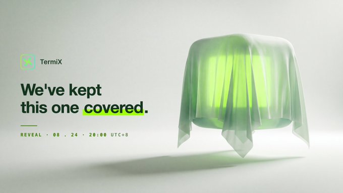 A promotional teaser for 'TermiX' displaying the text 'We've kept this one covered.' with a green object concealed beneath a sheer green cloth, dated 'REVEAL · 08.24 · 20:00 UTC+8'.