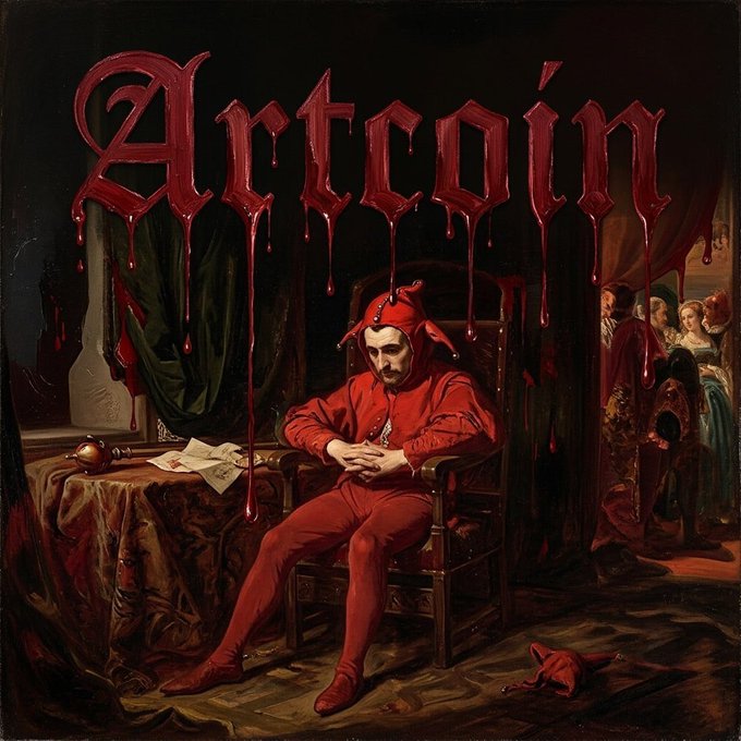 A Renaissance-style oil painting of a jester in red sitting on a throne with the word 'Artcoín' in dripping red gothic lettering above him.