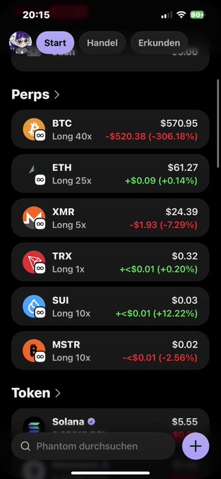 The image displays a smartphone screen, possibly a mobile device screen from an app store or social media platform, displaying information about various cryptocurrencies such as Bitcoin and Ethereum. A message indicates that someone has put their 20€ into Solana, suggesting they are planning to buy this particular cryptocurrency. The other cryptocurrencies present on the screen include Bitcoin, Eth, XMR, Trx, long 10x, xmr - 30, 0.53, 0.55, 0.68 and 0.78.