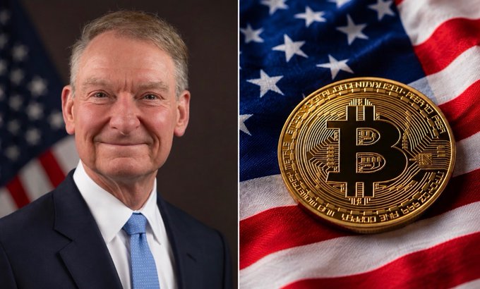 The image is a split composition: on the left, a smiling man in a dark suit and blue tie posed in front of an American flag; on the right, a large golden Bitcoin cryptocurrency token resting on the American flag. It illustrates the post's theme of U.S. crypto regulations being enacted through the SEC, symbolizing Bitcoin being brought under U.S. regulatory oversight.