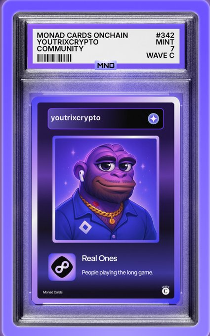 A digital collectible card titled 'MONAD CARDS ONCHAIN #342' for the 'YOUTRIXCRYPTO COMMUNITY' with a mint number of 7, featuring an illustration of a purple ape wearing a blue shirt, gold chain, and earpiece, labeled 'Real Ones'.