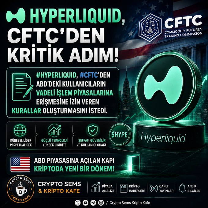 A promotional graphic featuring the Hyperliquid logo and CFTC (Commodity Futures Trading Commission) branding, with Turkish text announcing a critical step for Hyperliquid from the CFTC, allowing U.S. users to access futures markets. The graphic is branded by 'Crypto Şems & Kripto Kafe' at the bottom.