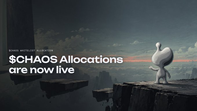 A promotional graphic for $CHAOS token allocations features a white cartoonish figure with a large teardrop-shaped head standing on a rocky cliff overlooking a misty landscape at sunset, with bold white text reading "$CHAOS Allocations are now live" alongside the header "$CHAOS WHITELIST ALLOCATION," visually reinforcing the accompanying announcement about live whitelist and staking allocations ahead of the presale on September 17th at 10AM EST.