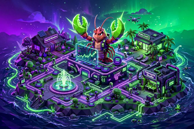 A vibrant, cyberpunk-style 3D illustration of an island with a giant lobster-like creature displaying a stock chart, surrounded by buildings labeled 'ScrapY Market', 'Palm Court', and 'Tidemork Studio'.