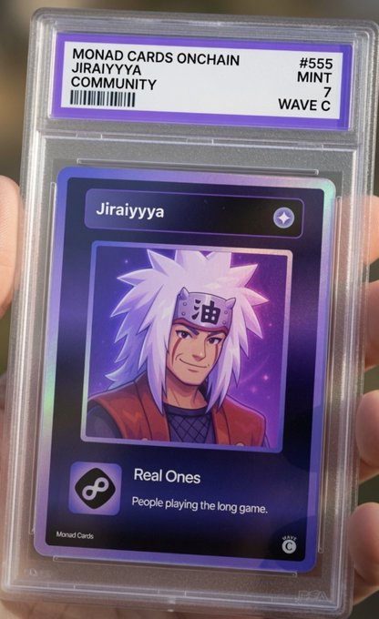 A graded "Monad Cards Onchain" collector card featuring "Jiraiyyya" (#555, Mint 7, Wave C) is held up, depicting an anime-style character labeled "Real Ones — People playing the long game." This ties into "Day 3 of Monad cards" by showcasing a real-world community-issued card from the ongoing Monad NFT card collection series.