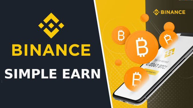 A promotional banner for Binance Simple Earn displays the yellow Binance logo on a black and yellow background, alongside a smartphone showing Bitcoin-themed orange coins.