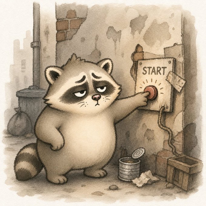 The image features a cartoon raccoon standing next to an old building, pressing a button that says "start" with his paw. The scene takes place in an alleyway where there are various objects scattered around, including a trash can, a bucket, and some cans. A small note is also present on the wall near the raccoon's paw. The image seems to be related to a post about digging through scraps or secrets, as well as the idea of something big being almost ready.