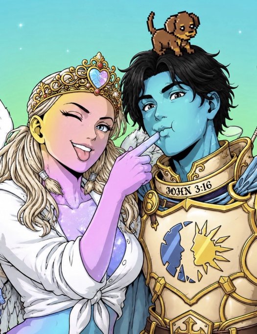 A digital illustration shows a blonde angel with a heart-shaped tiara playfully poking a blue-skinned angel in armor; the armor bears the inscription "JOHN 3:16" and a small brown dog sits on the blue angel's head.