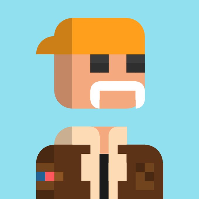 A flat-design digital illustration depicts a man with an orange cap, a thick white mustache, and a brown utility jacket against a light blue background.