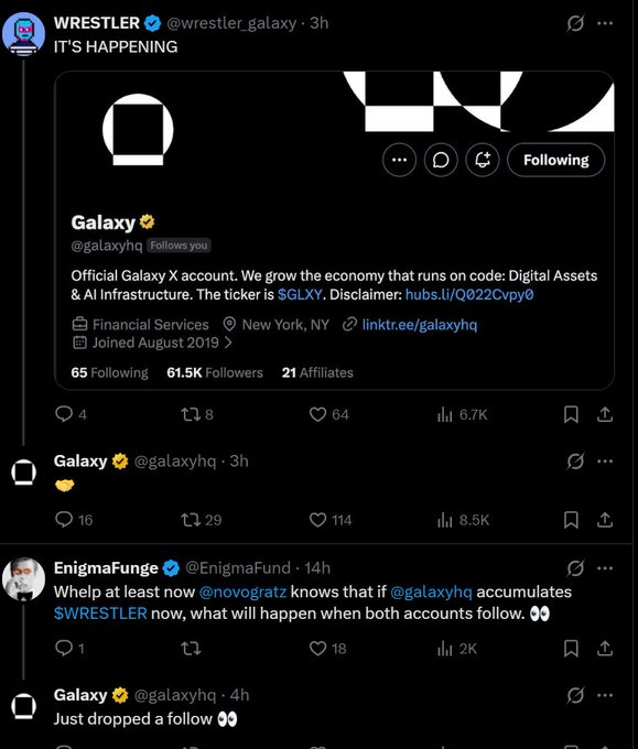 A screenshot of X (formerly Twitter) posts showing @galaxyhq, the Official Galaxy X account ($GLXY ticker), which is followed by @wrestler_galaxy ("IT'S HAPPENING"), receives a handshake emoji, and was questioned by @EnigmaFund ("@novogratz knows that if @galaxyhq accumulates $WRESTLER now, what will happen when both accounts follow. 👀") after Galaxy dropped a follow on Wrestler Galaxy—highlighting the social media activity referenced in the shareholder's complaint about Galaxy's investor relations engagement.