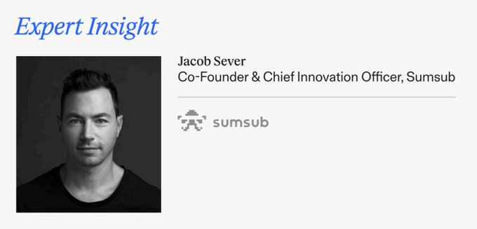 The image features an "Expert Insight" header above a black-and-white portrait of Jacob Sever, identified as Co-Founder & Chief Innovation Officer at Sumsub, alongside the Sumsub logo. The accompanying quote emphasizes cross-chain interoperability and verified wallet ownership as the future of crypto compliance, aligning with Sumsub's identity verification expertise showcased in the image.