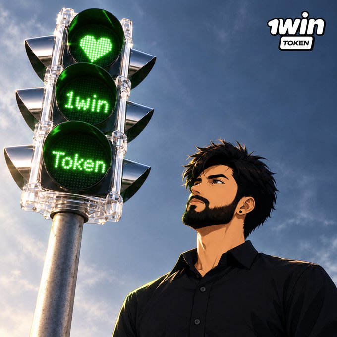 Anime-style promotional artwork showing a bearded man looking up at a green traffic light displaying a heart, '1win', and 'Token', with a '1win TOKEN' logo in the top right corner.
