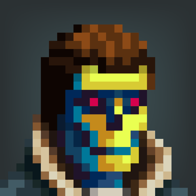 Pixel art portrait of a person with brown hair and beard against a dark blue background, rendered in a colorful blocky style.