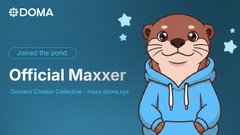 A graphic for "Official Maxxer," part of the Domæ x Crypto Collective, featuring a cartoon otter in a blue hoodie on a starry background.
