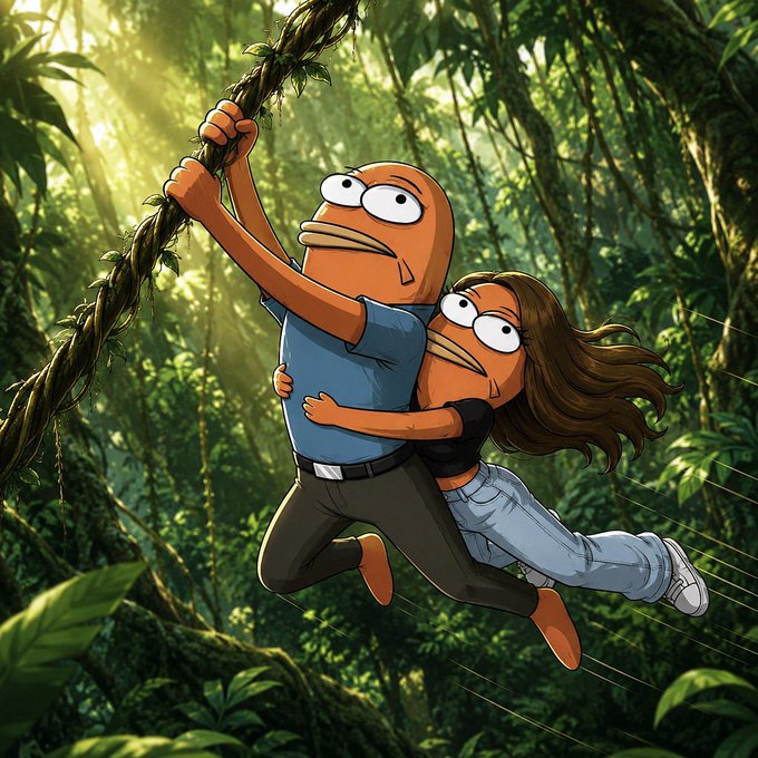 A cartoon illustration depicts two characters with large white eyes swinging on a vine through a lush jungle, set in a style reminiscent of animated shows.
