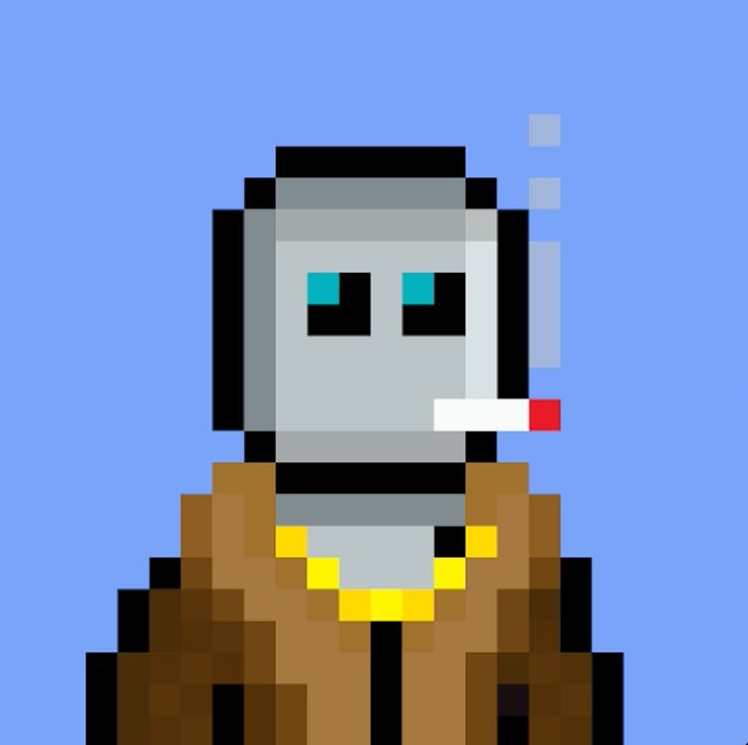 A pixel art image featuring a gray robot-like character with cyan eyes smoking a cigarette, wearing a brown jacket over a yellow shirt against a blue background.