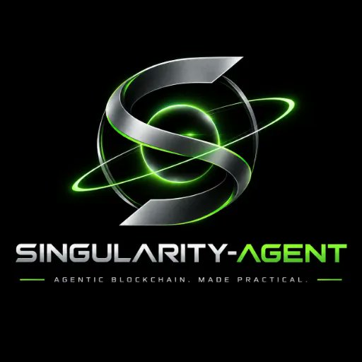A black logo graphic for 'SINGULARITY-AGENT' featuring a metallic 'S' shape encircling a glowing green orb, with the tagline 'AGENTIC BLOCKCHAIN. MADE PRACTICAL.'