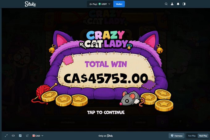 A screenshot from the online gambling platform Stake shows a "Crazy Cat Lady" slot game displaying a "Total Win" of CA$45,752.00 with the prompt "TAP TO CONTINUE" below the winning amount. The image relates to the celebratory post highlighting a major hit on Stake.com.