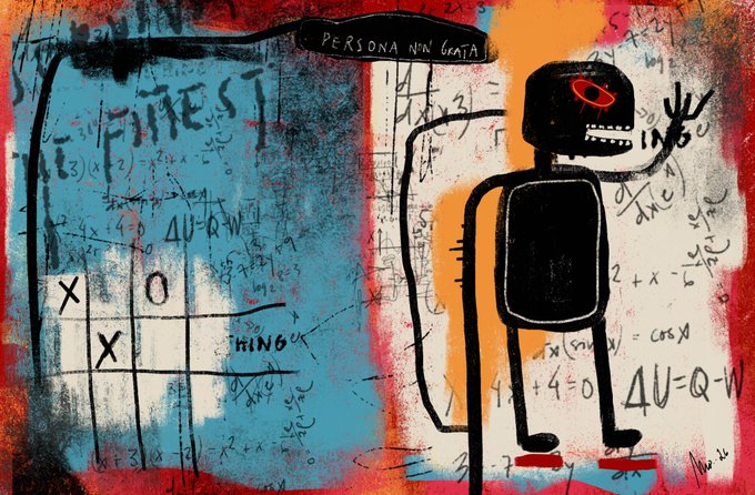A mixed-media artwork featuring a black stick figure with a red halo, a tic-tac-toe game, and various mathematical equations scribbled across a blue, red, and orange background.
