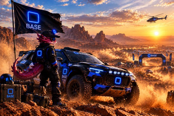 A digital illustration showing a character with a dragon tail standing next to a black and blue 'BASE' branded off-road vehicle in a desert racing scene at sunset.