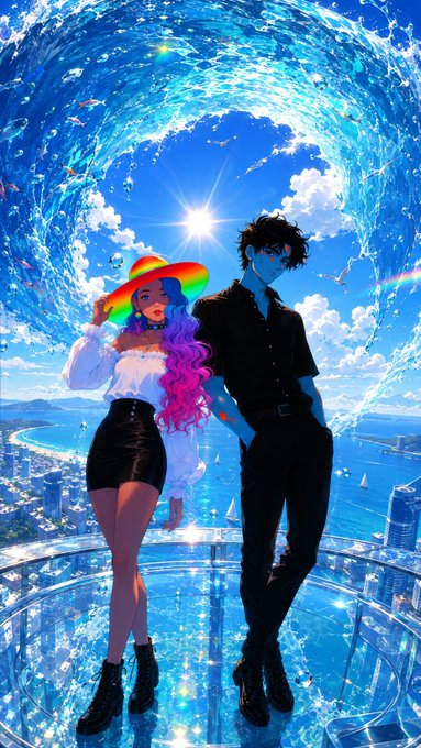 An anime-style illustration of two characters standing on a glass platform overlooking a coastal city, surrounded by a swirling water tunnel effect with bright blue skies and clouds.