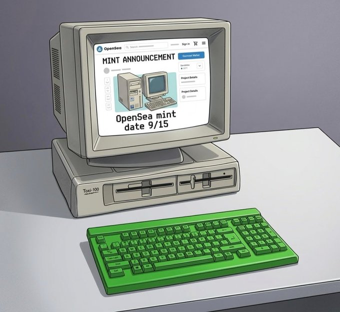 The image depicts a retro-style illustration of a vintage computer monitor displaying an "OpenSea MINT ANNOUNCEMENT" page that reads "OpenSea mint date 9/15," paired with a classic green keyboard, visually capturing the nostalgic "old vibes" referenced in the post about the Robinhood chain mint launching with 2,222 supply at $1.50.