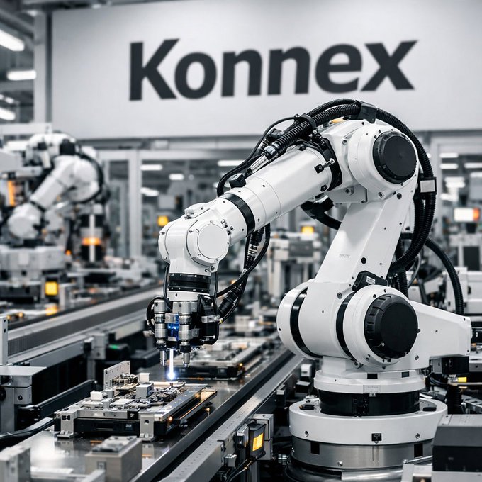 An industrial robotic arm on an assembly line in a manufacturing facility with 'Konnex' displayed prominently on the wall in the background.