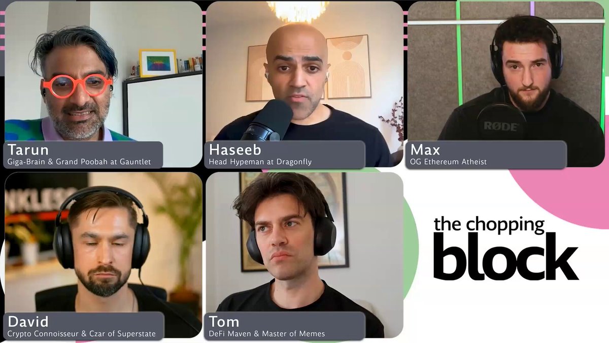 The image shows a group photo of five men wearing headphones, all facing the camera. They are positioned behind a microphone, suggesting that they might be participating in an online meeting or discussion. The caption for this image reads "The bull case for Solana? The last 10 min of this podcast with @MaxResnick Developers, developers, developers!!!". This phrase refers to the post about the podcast and the people involved in it.