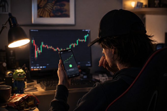 A person in a black cap sits in a dimly lit room, holding a smartphone displaying a green trading chart, with a large monitor showing a candlestick price chart in the background, capturing the late-night, solo trading lifestyle referenced in the post about a +$420k PnL.
