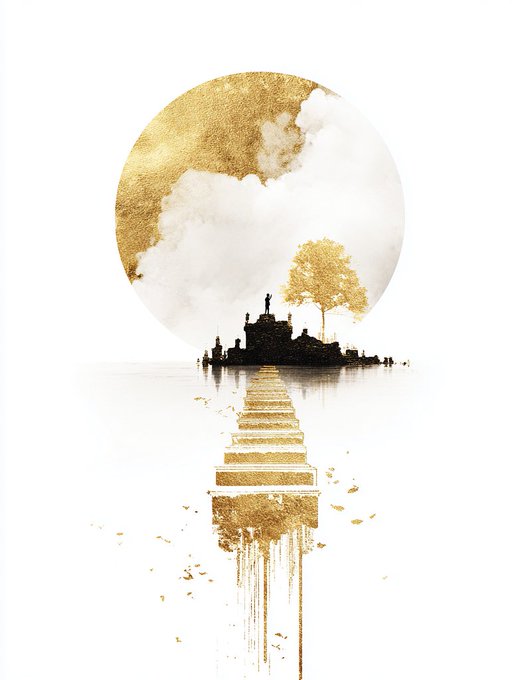 An artistic illustration featuring a large gold and white moon, a silhouetted island with a tree and figure, and a gold staircase leading down.