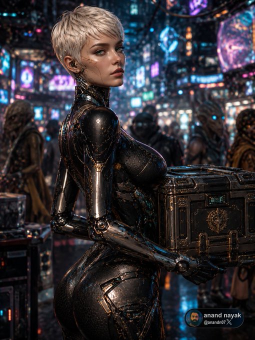 A cyberpunk-style digital illustration of a short-haired woman in sleek black armor holding a mechanical box, with the watermark 'anand nayak @anand07 X'.
