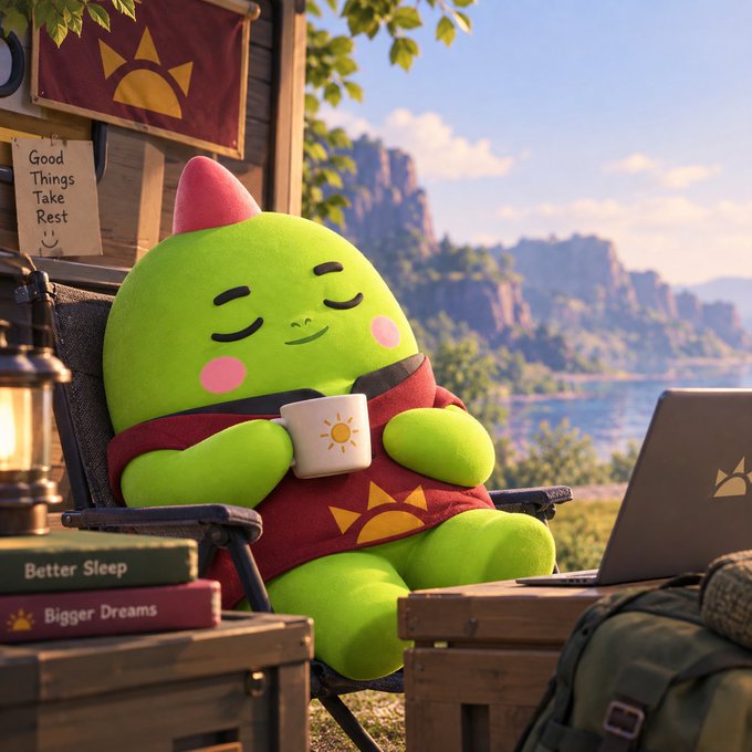 A cute green plush character with closed eyes relaxes in a camping chair holding a sun-illustrated mug, surrounded by books labeled "Better Sleep" and "Bigger Dreams," a note reading "Good Things Take Rest," and a laptop set against a scenic mountain backdrop—visually capturing the cozy, aspirational wellness vibe that the caption critiques as a deceptively simple sleep-tracking loop now outgrowing its original scope.