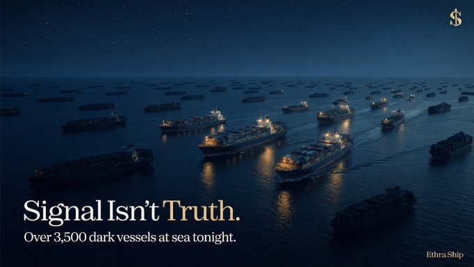 An aerial nighttime view of ships at sea with text reading 'Signal Isn't Truth. Over 3,500 dark vessels at sea tonight.' and a logo labeled 'Ethra Ship' in the corner.