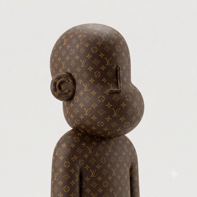 A sculptural figure covered in Louis Vuitton (LV) monogram canvas, featuring the iconic interlocking "LV" logo and floral pattern, represents the absurd commercialization of training through luxury branding as suggested by the post about starting training with zero sponsorship.