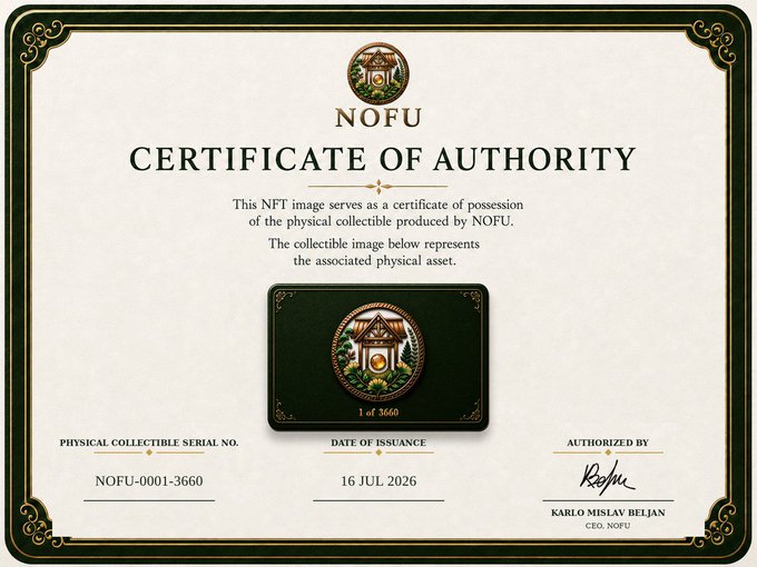 A 'CERTIFICATE OF AUTHORITY' from NOFU for an NFT, labeled '1 of 3660', issued on '16 JUL 2026' and authorized by 'KARLO MISLAV BELJAN'.