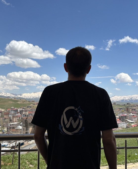 A person seen from behind wearing a black t-shirt with a logo stands on a balcony overlooking a cityscape with snow-capped mountains in the distance under a blue sky with scattered clouds.