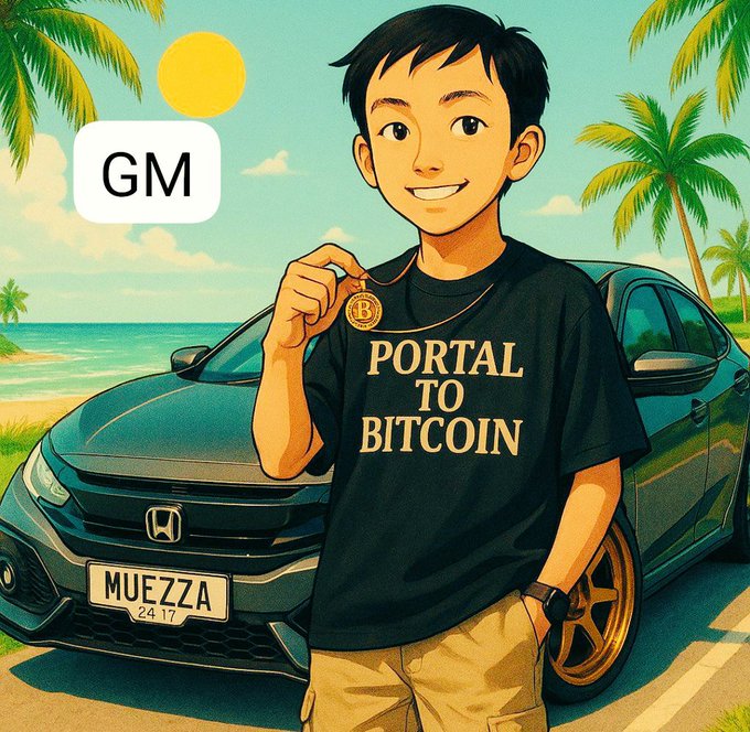 An anime-style illustration features a smiling young man holding a Bitcoin, wearing a 'PORTAL TO BITCOIN' shirt, standing in front of a Honda car with license plate 'MUEZZA 2417' and a 'GM' speech bubble.