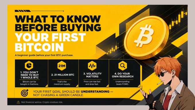 A yellow and black graphic titled "WHAT TO KNOW BEFORE BUYING YOUR FIRST BITCOIN" with four sections: "1. YOU DON'T NEED TO BUY 1 WHOLE BTC", "2. 21 MILLION BTC", "3. VOLATILITY MATTERS", and "4. DO YOUR OWN RESEARCH", featuring an anime character smoking on the right.